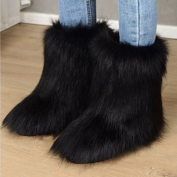 Women’s Faux fur Mid-Calf Winter Furry Flat Heel Black Snow Boots Anti-slip Warm - Picture 8 of 16